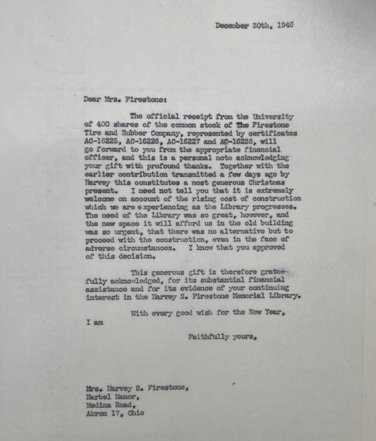 Dodds Firestone letter 30 December 1946
