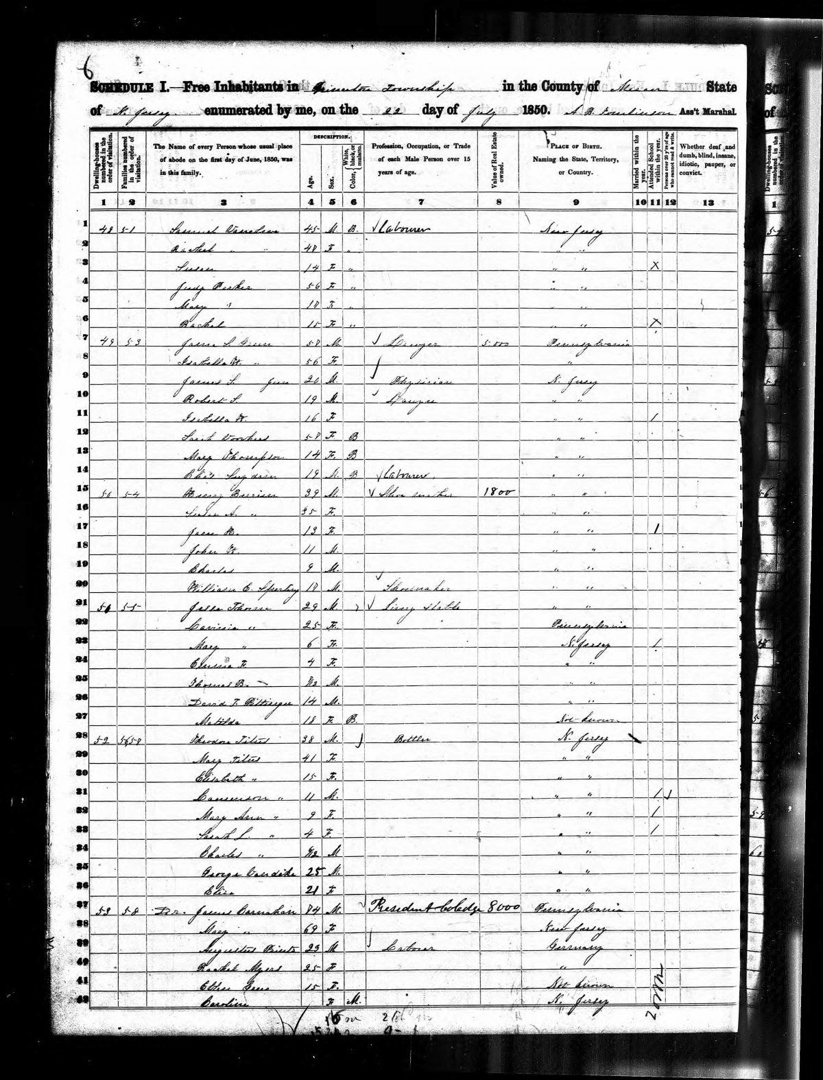 1850 Census Entry for James Carnahan