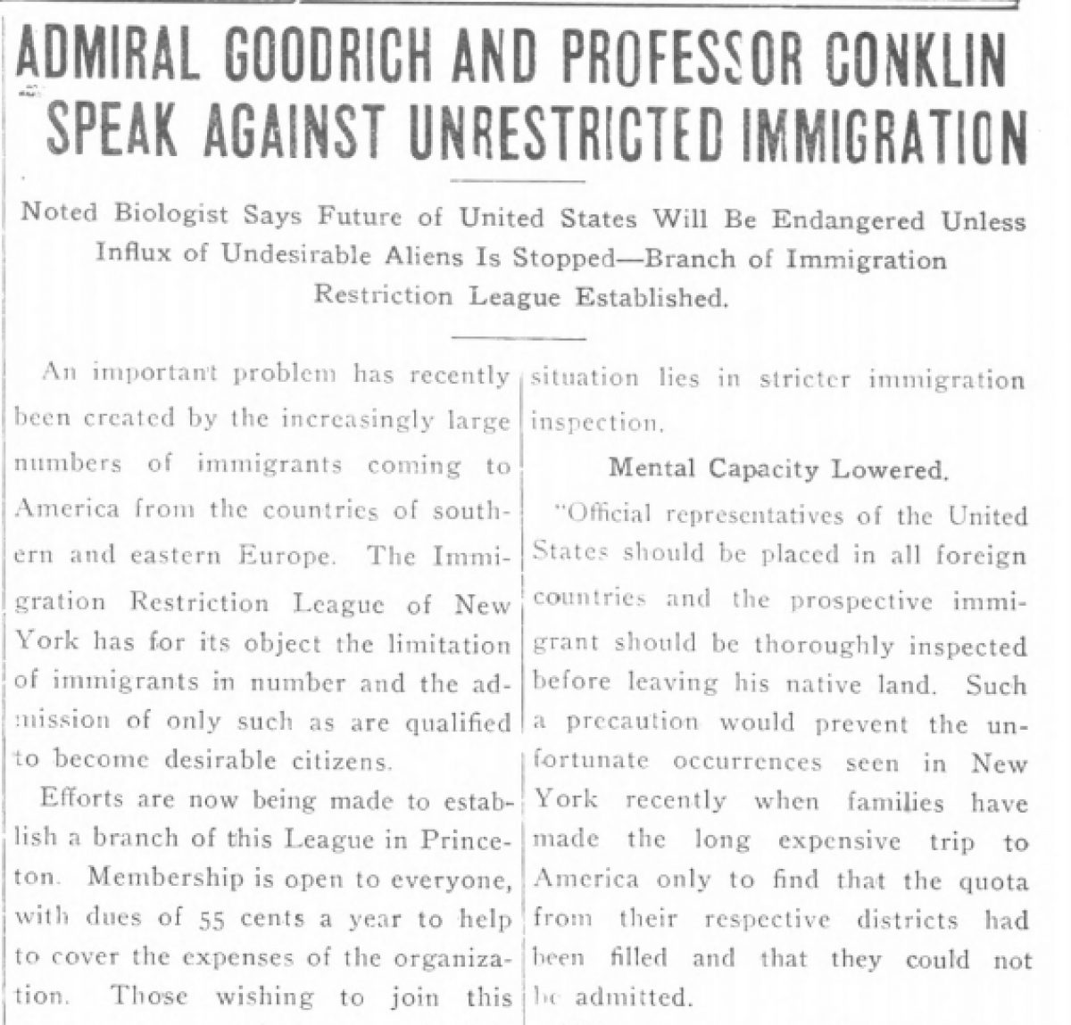 "Admiral Goodrich and Professor Conklin Speak Against Unrestricted Immigration"