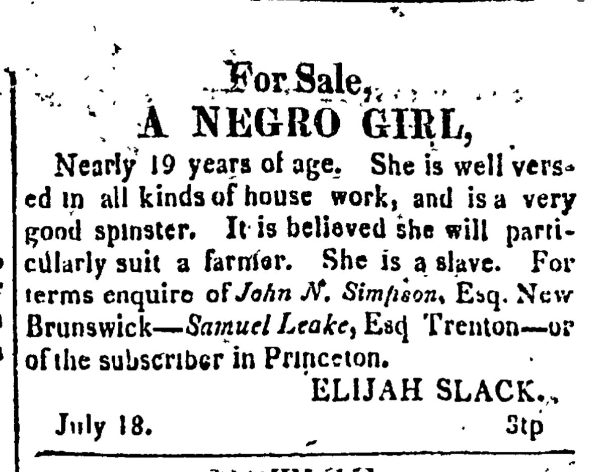 "Negro Girl" to be sold by Elijah Slack
