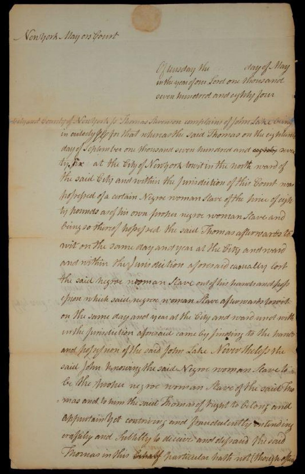 Legal complaint signed by Aaron Burr Jr.