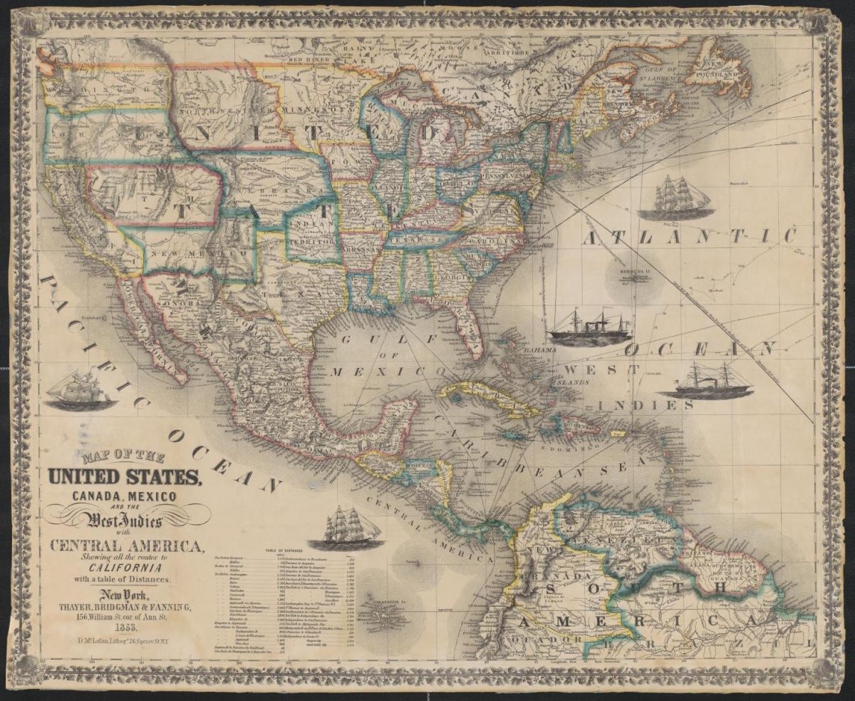 Map of the United States, Canada, Mexico and the West Indies with Central America